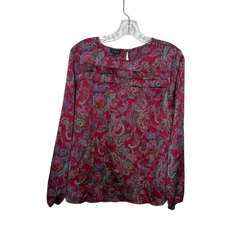 Talbots Paisley Floral Blouse Size M Burgundy Pink Long‎ Sleeve Ruffle Neck Top